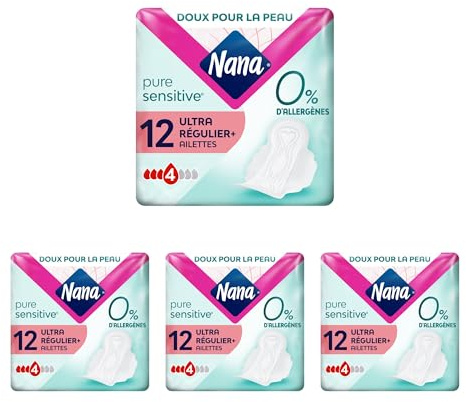 Nana PureSensitive Serviettes Hygiéniques Ultra Régulier Plus - Flux Modéré - 0% Allergène*, Parfum, Colorant - 12 Serviettes avec Ailettes (Lot de 4)