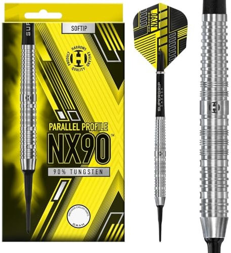 Harrows NX90 Darts-Set I Profi-Dartpfeile, 90% Wolfram, weiche Spitze, 18 g und 20 g, Pro-Darts I 10-teiliges Set mit schwarzen Supergrip-Midi-Schäften und NX90-Flights (20 Grams) (Parallel 20g)