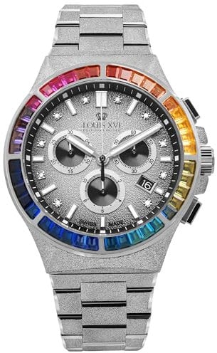 LOUIS XVI Le Monarque Frosted Iced Rainbow 1219 - Ø 42 mm - Herren Uhr - Wasserdicht - Uhr mit Saphirglas - Armband Silber - Zifferblatt Silber - CH Quarzwerk