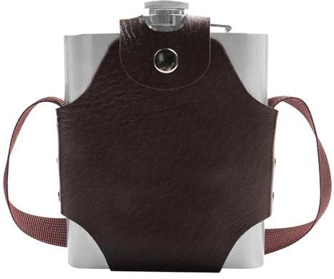 UZSUZZ Edelstahl Flachmann 532 ml/18oz XL Flachmann Set aus Edelstahl mit Braun Kunstledertasche mit Riemen für Whiskey, Rum, Wodka, Geeignet für Wandern und Party
