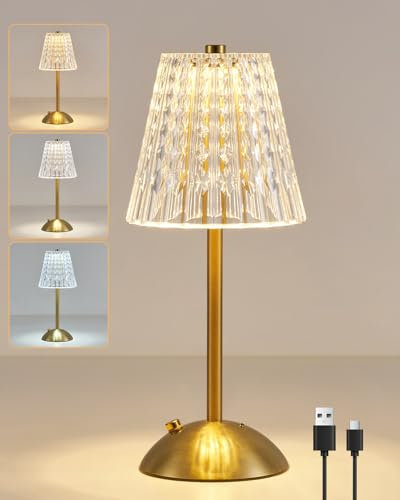 HARPER LIVING Rechargeable Table Lamp, LED Desk Lamp Battery Operated, Dimmable & 3 Colors Bedside Reading Light Polished Gold Finish, Cordless Touch Lamps for Bedroom Living Room Bar Restaurant