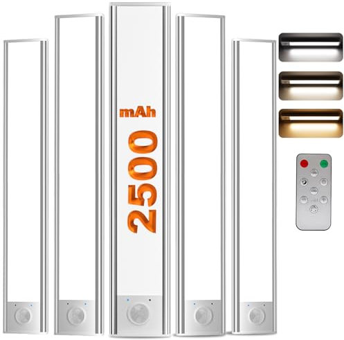 LuJasi Unterbauleuchte Küche Led, Schrankbeleuchtung 20cm mit Fernsteuerung und Bewegungsmelder, 3 Farben Timer USB Wiederaufladbar Unterschrank Beleuchtung für Kleiderschrank Treppe 5 Stück