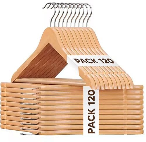 Mundo Home 120X Perchas Madera Natural Maciza para Ropa - Perchas de Madera con Gancho Giratorio 360º - Perchas para Pantalones, Camisa, Traje, Vestidos - Colgadores de Ropa Antideslizante para Hogar