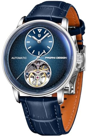 Pagani Design Automatik Herrenuhr Einfache 42mm lässige Edelstahluhr wasserdichte Skelett Mechanische Armbanduhr Leuchtzeiger Leder Klassische Herrenuhr（Silber Blau）