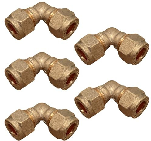 10mm Brass Compression Elbow Connectors – Pack of 5 | Plumbing Right-Angle Fittings for Copper Pipe