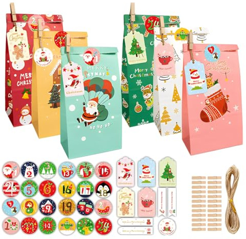OIXYEY Adventskalender Set 2025 zum Befüllen, 24 Papiertüten mit Juteschnur und Aufklebern für Familien, Erwachsene und Kinder, DIY Weihnachtskalender Bastelset mit Zahlenstickern