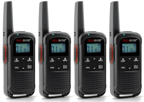 TechSide TS-T3 Go Ricetrasmittente PMR446, 16 Canali, Portata 10 km, Ricarica USB-C, con Torcia LED, 4 Pezzi