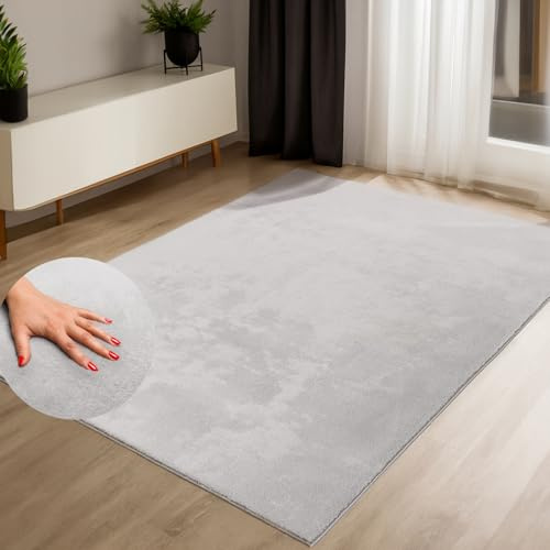 payé Teppich Kurzflor Grau 200x280 cm waschbar weich rutschfest Wohnzimmer Schlafzimmer Felloptik pflegeleicht flachgewebe modern stilvoll einfarbig