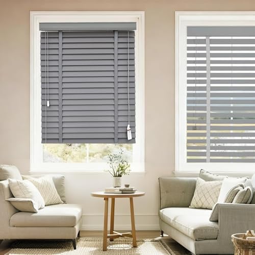Holz Jalousien Jalousien Fenster Innen Holzjalousie 50mm Lamellen Holz-Verdunkelungsjalousien Und Rollos Maßgeschneiderte Für Badezimmer Und Wohnzimmerfenster(Grau)