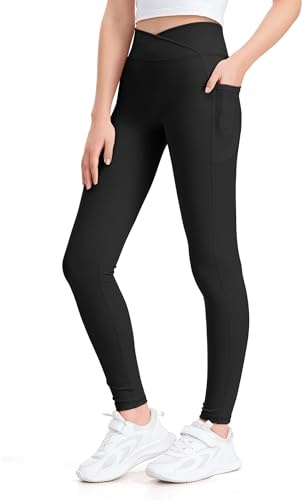 KEREDA Leggings Mädchen Sporthose Kinder Sportleggins Lang V Crossover Hose | Mit Taschen, Atmungsaktiver Stoff, Dehnbare Turnhose, Gymnastik & Yoga, Schweißableitend, Geeignet Für Teenager