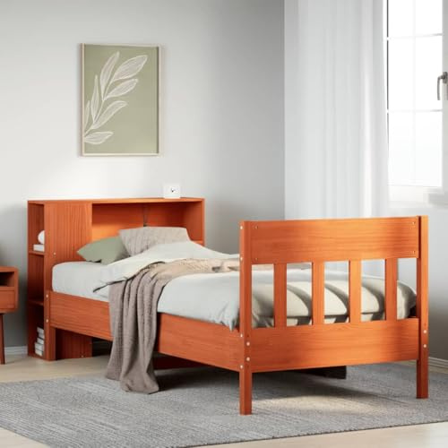 Kaloriko Massivholzbett Wachsbraun 100x200 cm mit integriertem Regal, Kiefernholz Bettrahmen, Lattenrost, Stauraum für Bücher, modernes Schlafzimmer Möbelstück