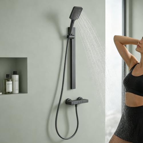 Mai & Mai Thermostatic Shower Mixer Kit, Wall Mounted Mixer Shower Valve | Adjustable Shower Rail, 3 Spray Handheld Shower Head and Hose, Grey, Duschsystem10
