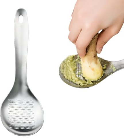 FooYee Löffel Ingwerreibe, Edelstahl Knoblauchmühle Parmesanreibe Zitronenreibe Knoblauchreibe, Vielseitiger Reibe Löffel für Knoblauch, Ingwer, Käse, Obst und Gemüse, Praktische Löffelform