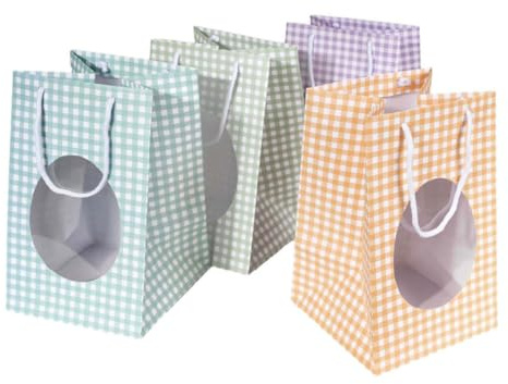 12 Shopper Portauovo Pasquale Quadretti, Confezione 12 pz 4 Colori 18+18 x 30 cm, per Uovo di Pasqua, Carta Laminata Opaca 170 g/m², Fondo Rigido 700 g/m², Finestra Ovale, Manico Cotone