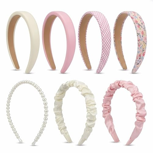 Set di 7 Cerchietti per Capelli Donna, Fasce per Capelli in Stile Diverso, Collezione Rosa, Include Cerchietto Bombato, con Perle e a Fiori, Accessori Moda Antiscivolo per Ragazze