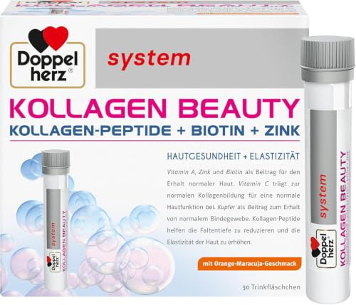 Doppelherz system KOLLAGEN BEAUTY - Kollagen-Peptide + Biotin + Zink | Praktische Trinkfläschchen mit Orange-Maracuja-Geschmack - 30 Stück