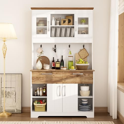 DACHETOU Großer Küchenbuffet Schrank mit Stauraum, Küchenschrank mit Vitrinenfächern, 2 Schubladen, 106x39x176.5cm, Natur + Weiß, Türen und Hakenleiste, Moderner Buffetschrank