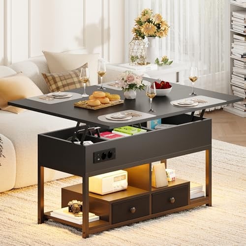 IRONCK Couchtisch Höhenverstellbar, LED Wohnzimmertisch mit Steckdosen, 2AC+USB+USB‑C, Kaffeetisch Holz, 2 Schubladen, Umwandelbar Esstisch 100×80cm (Schwarz)