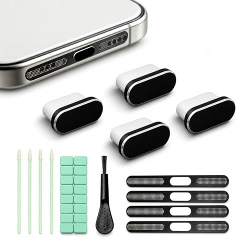 USB Type C Anti Dust Plug & Speaker Cover for iPhone 17/16/15 Air Series | 4 Pcs Charging Port Protector Cleaner Kit with Cleaning Putty for Laptops Smartphones other electronic device (Black)