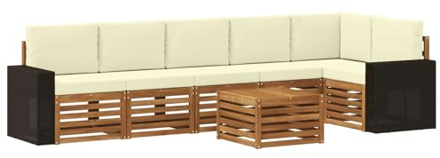 vidaXL Ecksofa Set mit Kissen 7 pcs Natur und Creme Massivholz Akazie, Garten Lounge, Moderne Outdoor-Sofa Sets, modulare Sofas, Essbereich, Holz Sitzgruppe, Terrasse Ideen