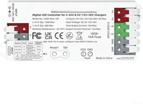 Controller striscia LED, per esp32 per wled USB-C 5-24V 16A, per smart WiFi Digital Light per ws2812b RGB Home
