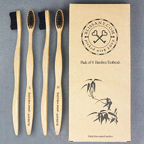4er Pack Bambus Zahnbürste by BLISSANY® - aus nachhaltigem Bambus-Holz, 100% BPA-frei, vegan, umweltfreundlich, Set bestehend aus 4x Bambus Zahnbürsten, für gesunde und weiße Zähne (4 Stück)