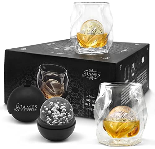 James Bentley Double Wall Whiskey Glass Plus Sphere ice Ball Mold for Whisky Glass Set of 2,Unique Tumblers for Drinking Scotch,Bourbon,Brandy,Liquor; Lightweight, Luxury Gift Set for Men or Women
