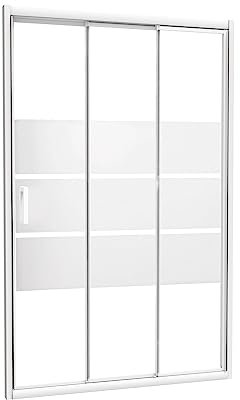 ONDÉE, Façade MISSI, Façade coulissante 3 volets. 120x185cm, Epaisseur 4mm,Poignée en ABS blanc, Profilé aluminium blanc (-25/+5mm), Fermeture aimantée, Verre trempé sérigraphié 3 bandes blanches