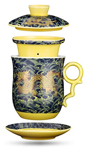 YURROAD Chinese Dragon Pattern Tea-Mug with Strainer Infuser and Lid and Saucer Ceramic Tea Mug Convenient System Chinese Porcelain Personal Tea Cup 13.5oz(400ml) - DARK GREEN TC400