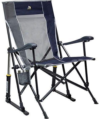 GCI Outdoor Roadtrip Rocker Campingstuhl | Tragbarer, klappbarer Schaukelstuhl mit soliden, langlebigen Armlehnen, Getränkehalter & bequemer verlängerter Rückenlehne – Indigoblau