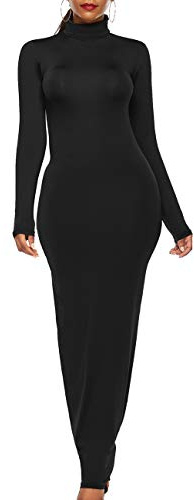 SOMTHRON Damen Bodycon Stretch Maxikleid mit Rollkragen Einfarbig Partykleid(BL,M)