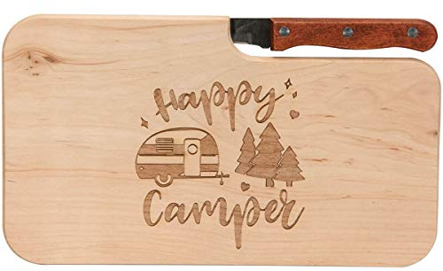 Spruchreif | Holz- Brotzeitbrett mit Messer und Gravur „Happy Camper“ | Perfekte Geschenkidee für Camper & Outdoorliebhaber