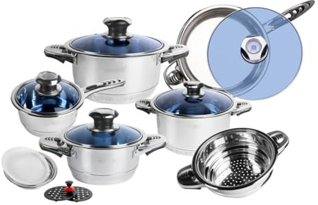 ROYALTY LINE, Juego de 16 piezas, Batería de cocina, sartén, cacerolas de acero inoxidable, con tapas de vidrio + Accesorios incluidos, Todas las fuentes de calor, Plata