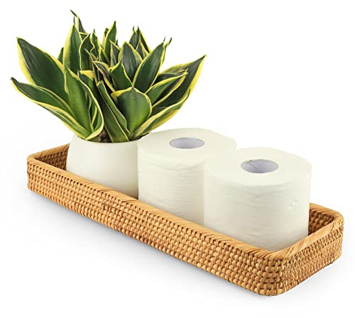 Rattan Toilet Tray Tank Topper 17 x 6 x 2 in Bathroom Baskets for Organizing Toilet Paper Holder Long Narrow Tray for Back of Toilet (Honey Brown)
