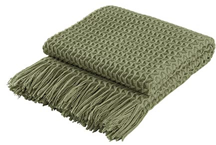 Couverture décorative super douce en tricot pour canapé, chaise, lit, jeté de sieste, légère, douce et confortable comme du cachemire, motif de tissage délicat avec franges, vert olive, 127 x 152 cm