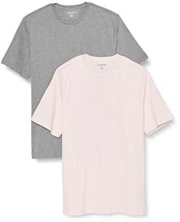 Amazon Essentials T-shirt en Coton à Col Rond à Manches Courtes, Coupe Classique Homme, Lot de 2, Gris Chiné/Rose Pâle, S
