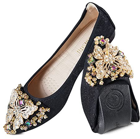 MACHSWON Womens Folding Pumps Roll up Wedding Dress Shoes Foldable Bling Ballet Flats with Beautiful Rhinestone Portable Ladies Slip On Loafers(Black-1, Size 5)