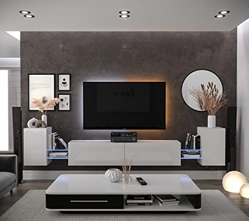 Furnitech Wohnwand Wohnzimmer | Wohnzimmer Möbel mit LED RGB - 16 Farben | Hängend Wohnwand Modern | Wohnzimmer Schrankwand mit Regale und TV Schrank (AN103-21W-HG2-1C)