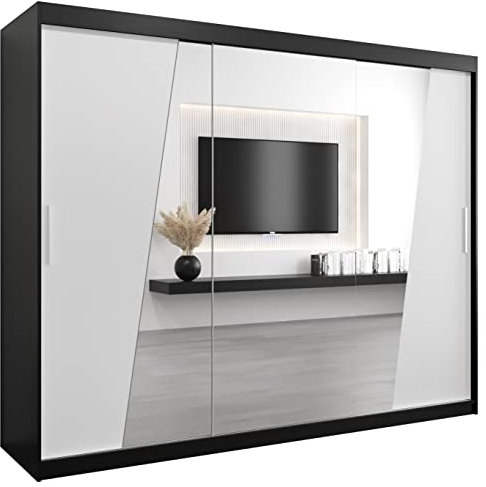 MEBLE KRYSPOL Rhomb250 Schlafzimmerschrank mit DREI Schiebetüren, Spiegel, Kleiderstange und Regalen – 250x200x62cm - Mattschwarz + Mattweiß
