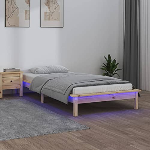 Susany Massivholzbett mit LEDs Futonbett Bett Holzbett Bettgestell Seniorenbett Komfortbett Bettrahmen Einzelbett Jugendbett Landhausbett Gästebett Betten Bett für Schlafzimmer,90x200 cm