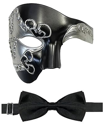 HyperFun Maskerade Maske für Männer Phantom der Oper Halbmaske mit Fliege, Vintage Venezianische Masken für Kostüm/Motto-Partys (Black Earl)