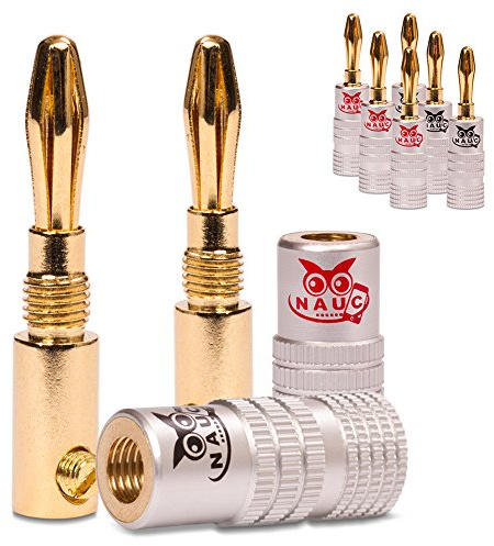 NAUC Bananenstecker für Lautsprecherkabel - 8 Stück Stecker als Set - Steckverbinder 24K vergoldet schraubbar - für HiFi Receiver Verstärker