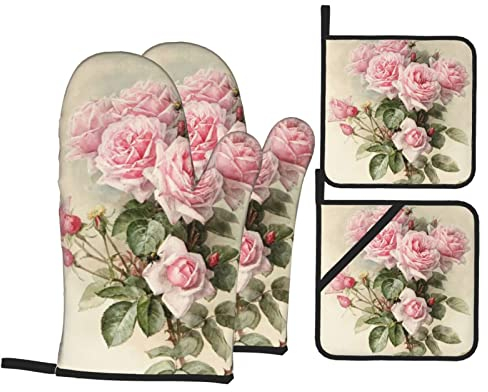 Rosa Vintage Rose Ofenhandschuh und Topflappen Set von 4 Stück, hitzebeständig, rutschfester Ofenhandschuh Topflappen für Küche Kochen Grill