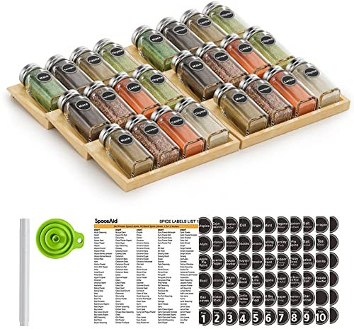 MinBoo Bamboo Spice Drawer Organizer with 24 Spice Jars, 432 Spice Labels with Chalk Marker and Funnel Complete Set, Kitchen Drawer Seasoning Organizer,6 Pack Spice Rack Tray Inserts for Flexible