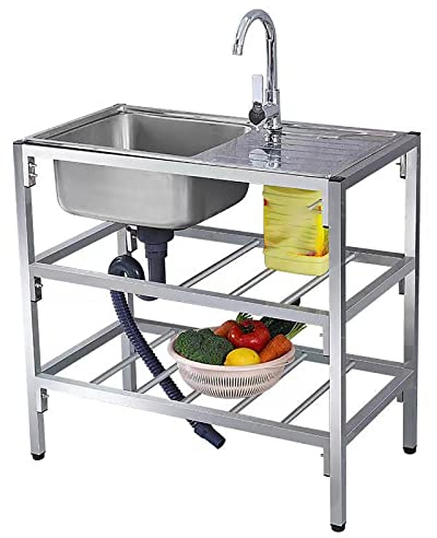 Edelstahl Werkbank Spülbecken,Freistehende Einzelbecken-Spüle, freistehende tragbare Spüle mit Ständer und Wasserhahn,für Outdoor,Hinterhof, Küche,Restaurant,Garage,Garten,Bar. (Size : Double Layer