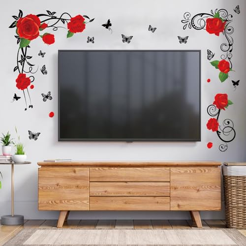 ANHUIB Blumen Wandaufkleber für Wohnzimmer Dekoration,Wandtattoo Blumenranke Hängende Rebe Schmetterling,Wandsticker Rote Blumen,Wandaufkleber Wohnzimmer Schlafzimmer Kinderzimmer