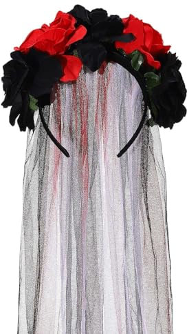 Unicra Costume d'Halloween noir, voile funéraire, sorcière, cosplay, bandeau gothique, couronne de roses, bandeau mexicain pour femmes (rouge)