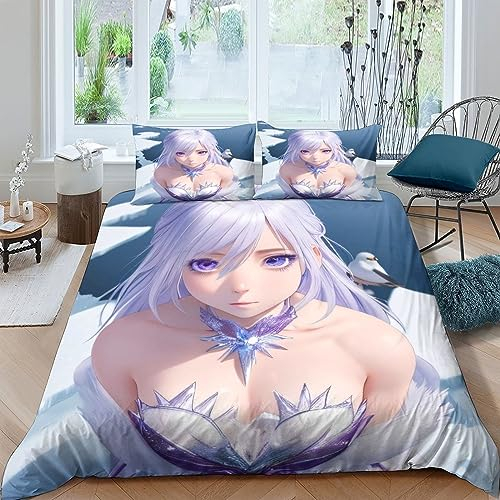 EKIDAZ AI Anime Girls Weiches Mikrofaser Bettwäscheset Mit 3D,3-teiliges Set Mit Sexy Bettbezug Mit Reißverschluss Und Kissenbezügen,Geeignet Für Jugendliche Und ErwachseneDouble（200x200cm）