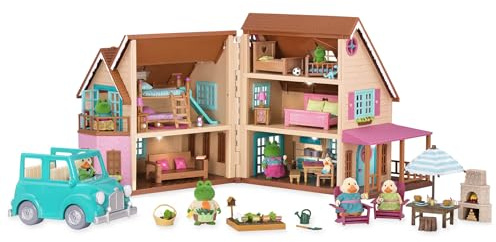 Li’l Woodzeez Honeysuckle Hillside Hütte – Spielhaus mit Zubehör | Aufklappbares Spielhaus mit 2 Tierfamilien, Möbeln, Auto, Geschichtenbüchern und Verandaleuchten für Rollenspiel, 3+ Jahre