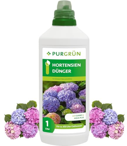 Purgrün® Hortensiendünger 1 Liter – Wirkt schnell & zuverlässig – Wunderelixier für Farbexplosion & Vitalität – Gesundes Wachstum dank Spurennährstoffen – Premium-Blumendünger für 400 Liter Wasser